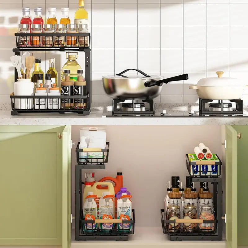Under Sink Organizer, Height Adjustable under Sink Organizers and Storage, 2 Tier Pull Out Drawer Cabinet Organizer for Kitchen Bathroom