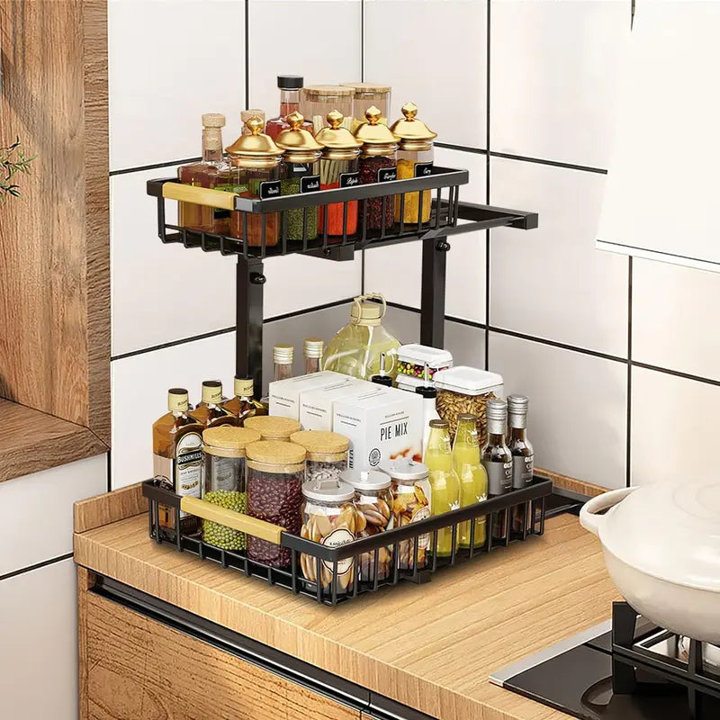 Under Sink Organizer, Height Adjustable under Sink Organizers and Storage, 2 Tier Pull Out Drawer Cabinet Organizer for Kitchen Bathroom