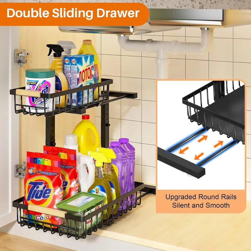 Under Sink Organizer, Height Adjustable under Sink Organizers and Storage, 2 Tier Pull Out Drawer Cabinet Organizer for Kitchen Bathroom