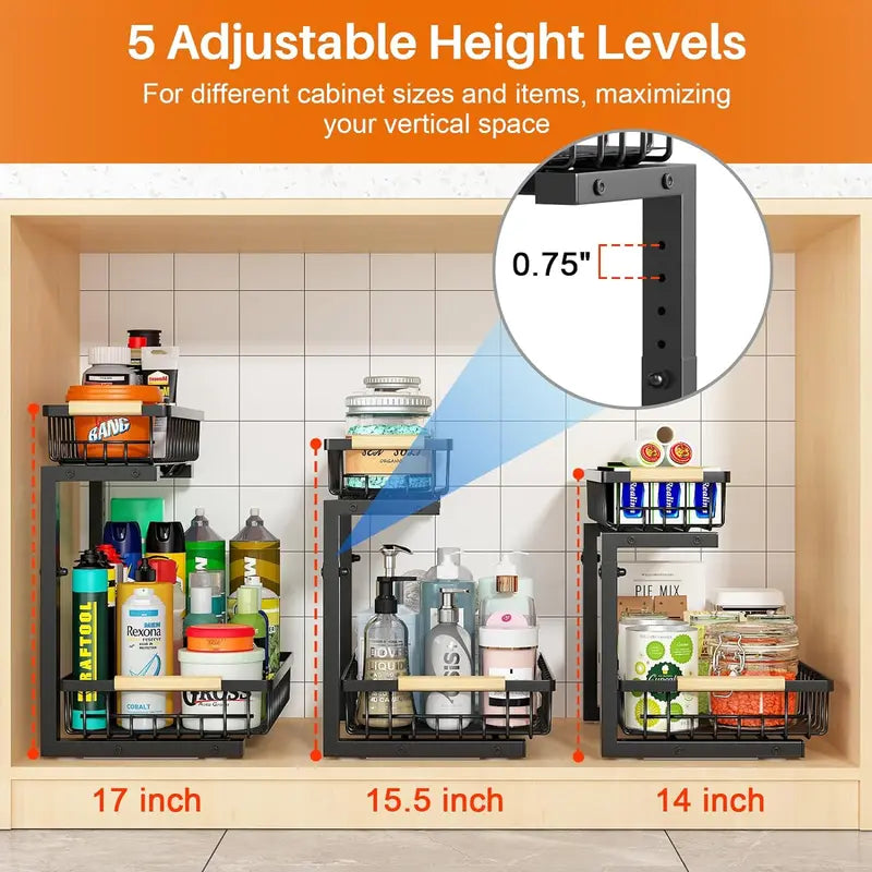 Under Sink Organizer, Height Adjustable under Sink Organizers and Storage, 2 Tier Pull Out Drawer Cabinet Organizer for Kitchen Bathroom