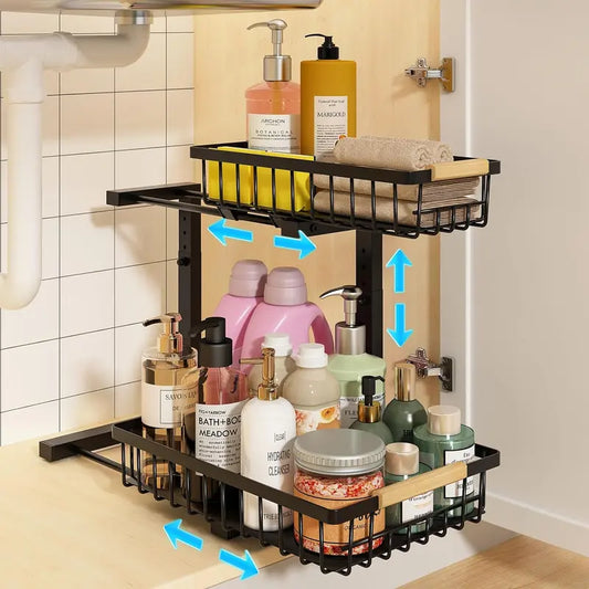 Under Sink Organizer, Height Adjustable under Sink Organizers and Storage, 2 Tier Pull Out Drawer Cabinet Organizer for Kitchen Bathroom